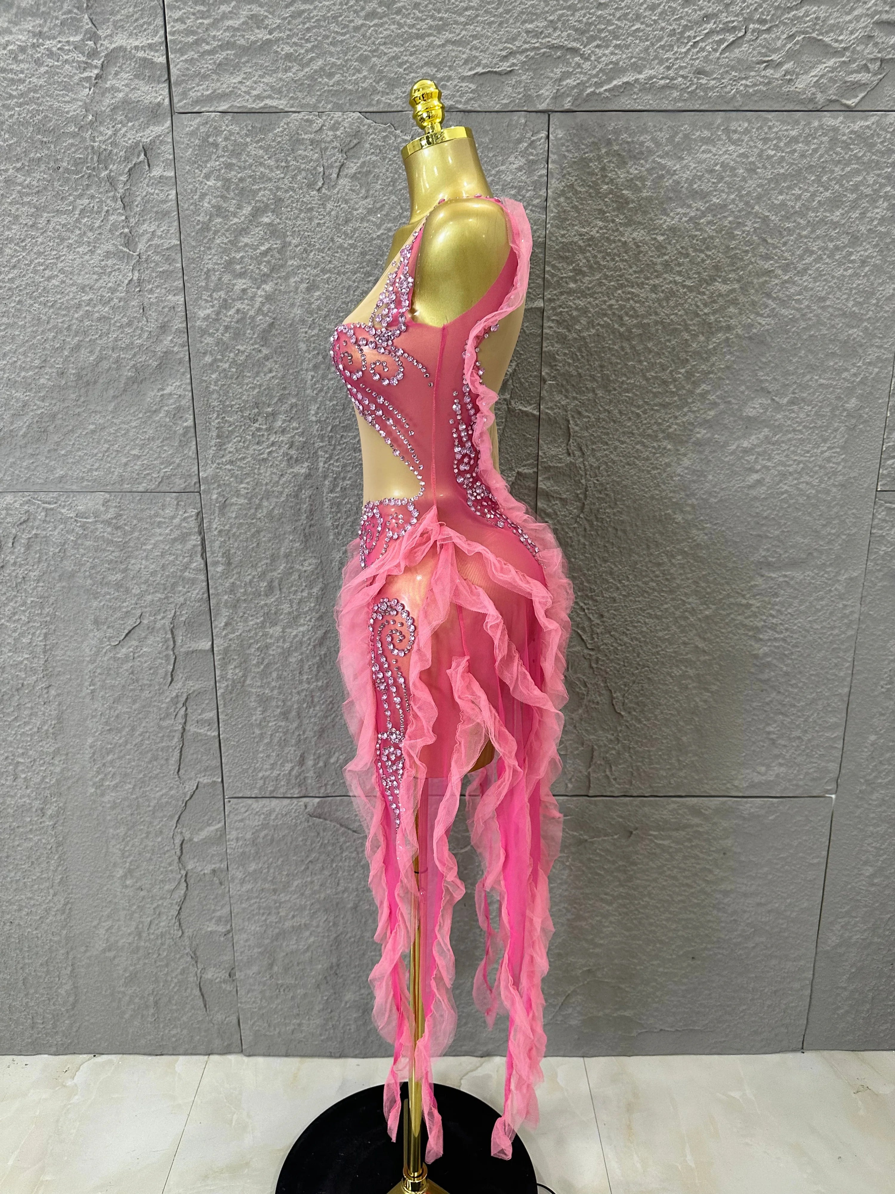 Women Sheer Mesh Rhinestone Ruffle Embellished Latin Dance Performance Costume Elegant Pink Spaghetti Strap Mini Dress