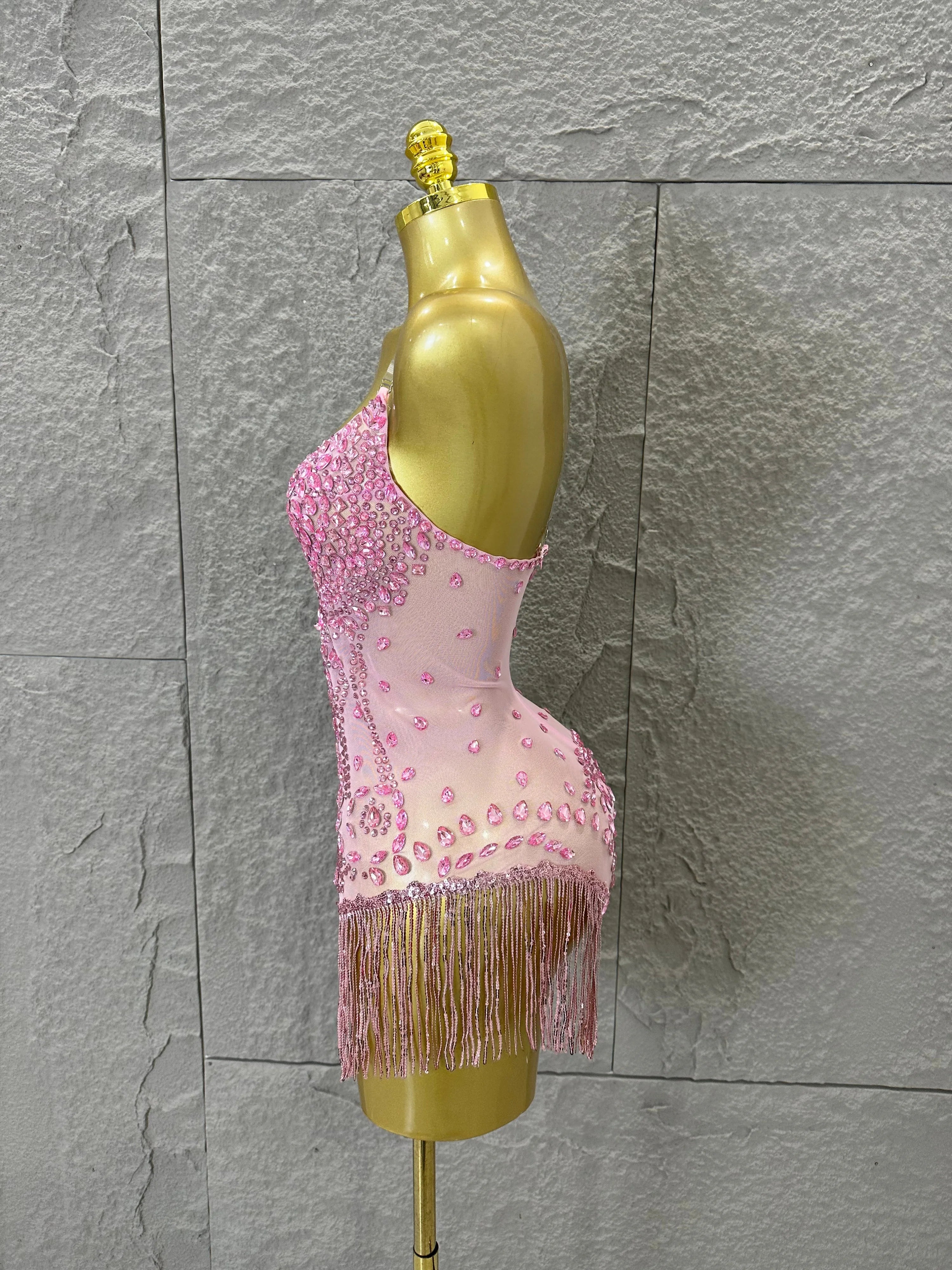 Pink Spaghetti Strap Bodysuit Women Sexy Deep V Neck Sheer Mesh Crystal Embellished Fringe Form-Fitting Formal Event Outfit
