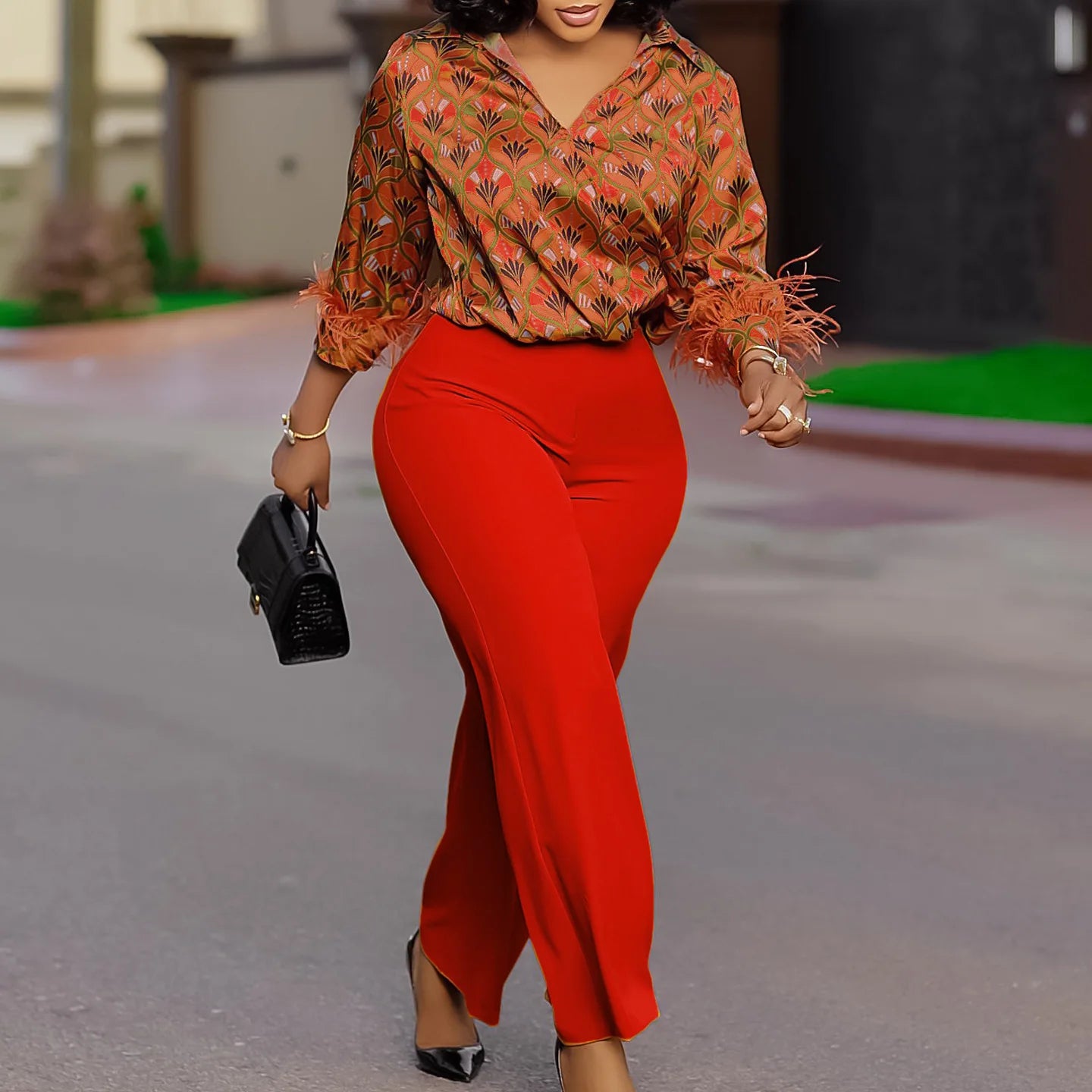 2 Piece Women Sets 2025 Plus Size Spring Summer Matching Sets Print Two Pieces Sets Top Pants Suits Outfits Clothing Orange