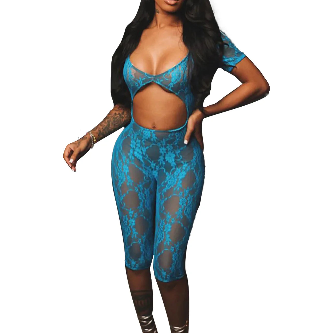 2024 Spring Short Sleeve Backless Women Lace Hollow Out Casual Rompers Playsuit Short Jumpsuits V-neck One Piece Outfits Blue