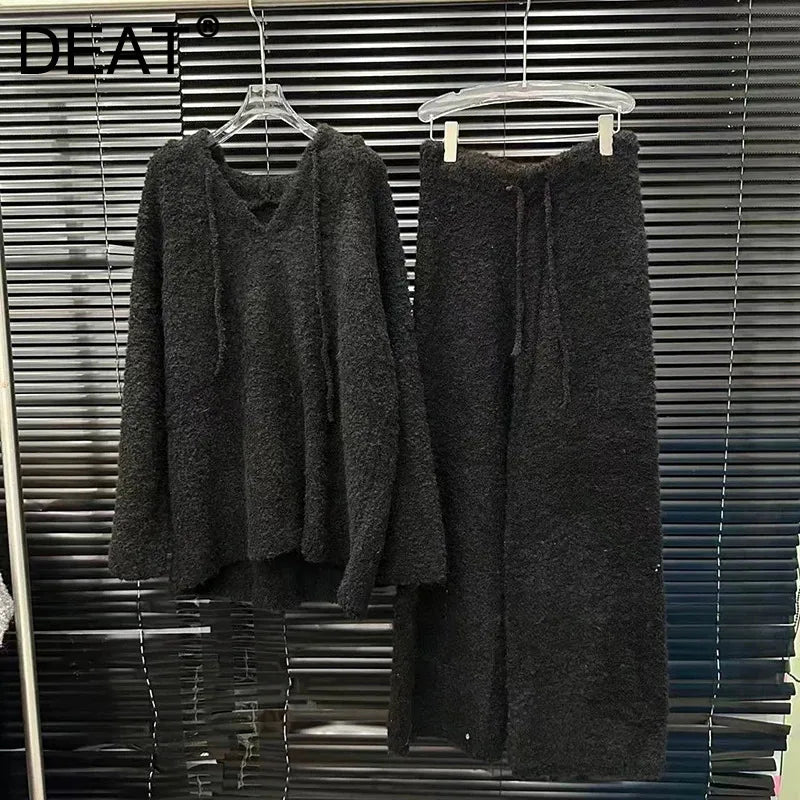 Autumn Winter New Niche Design Lazy Style Fashion Loose Soft Hooded Sweater For Women Elastic Waist Pants 11A07783