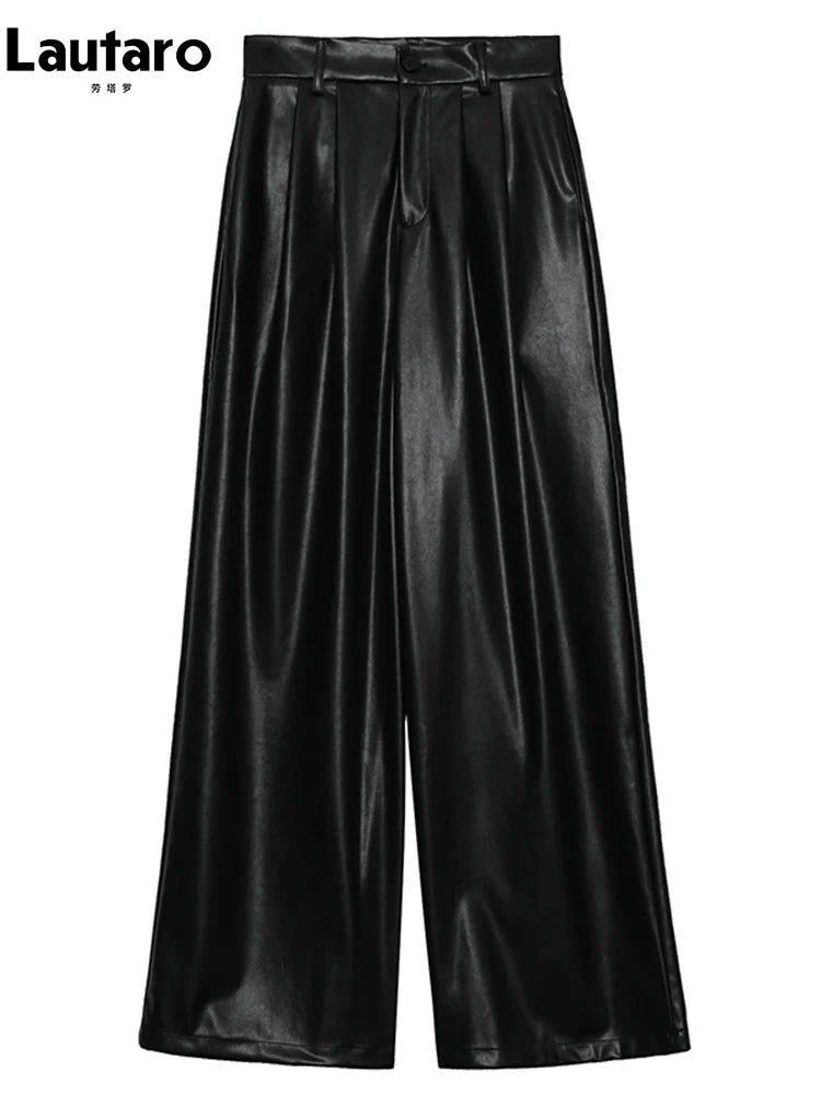 Spring Autumn Loose Casual Flowy Soft Black Brown Pu Leather Wide Leg Pants for Women High Waist Emo Korean Fashion 2023
