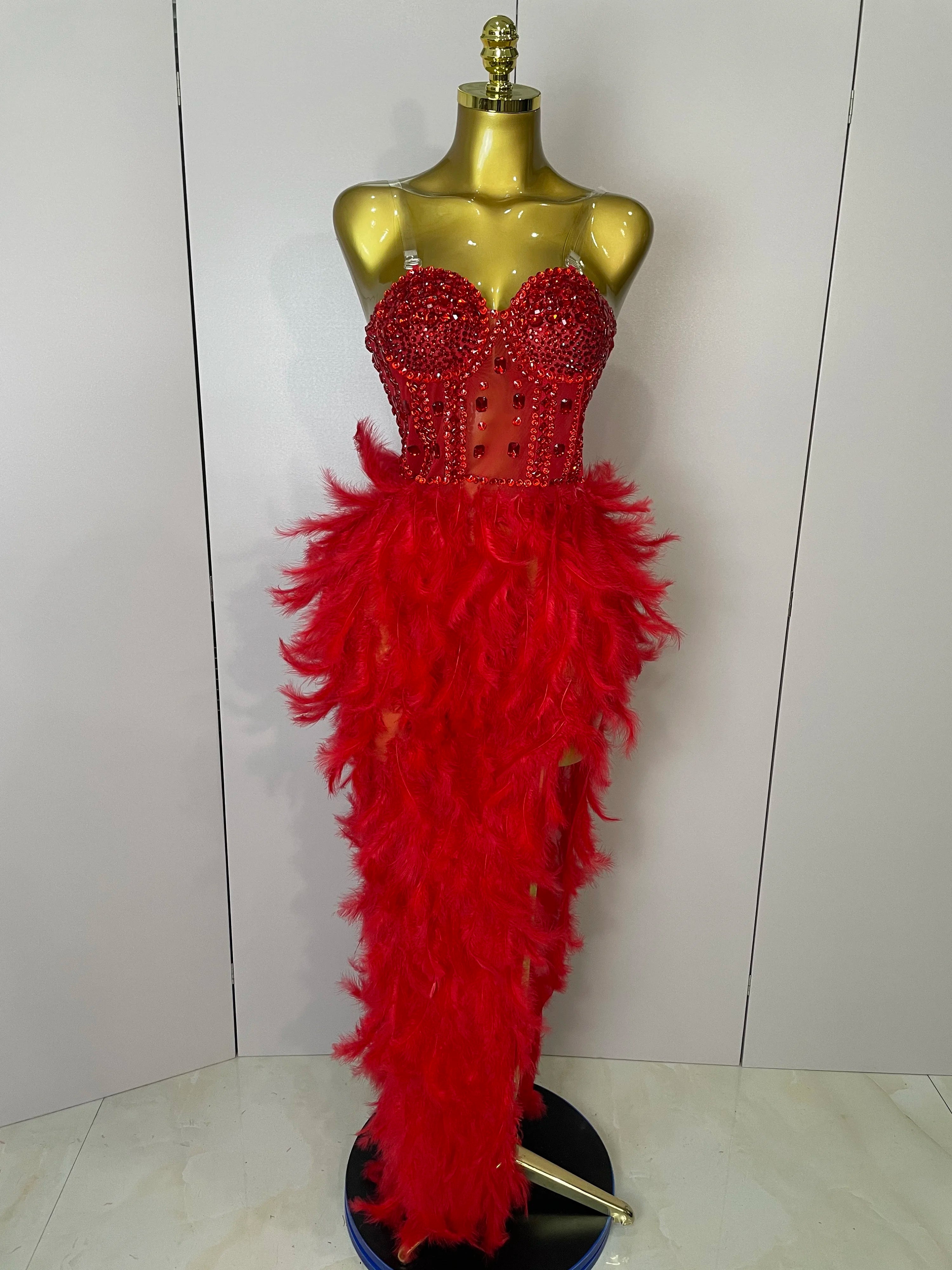 Stock 2025 Women Sexy Sparkly Rhinestone Mesh Feather Long Dress Elegant Evening Party Celebrate Birthday Performance Costume Red