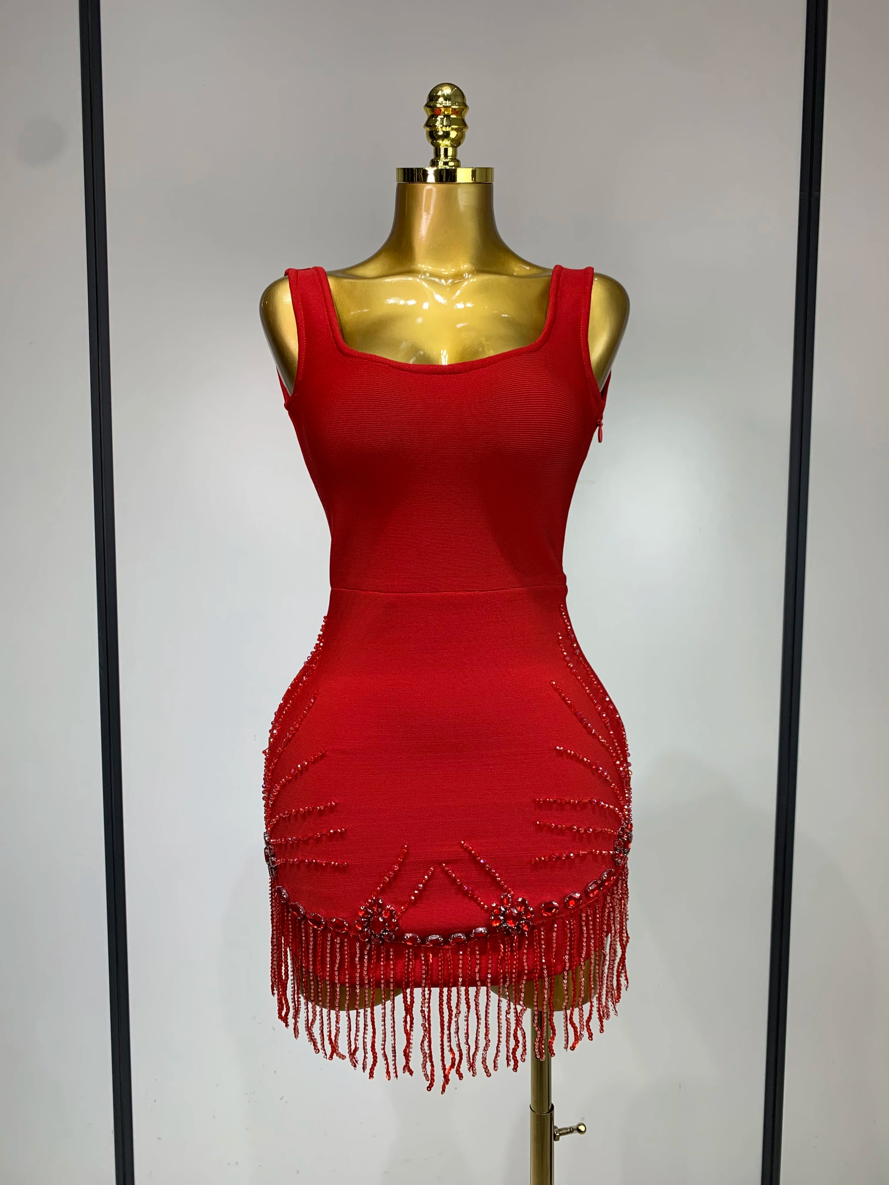 Women Sexy Sleeveless Bandage Dresses Fashion Beading Tassel Clothes Club Evening Party Birthday Elegant Bodycon Dresses Red