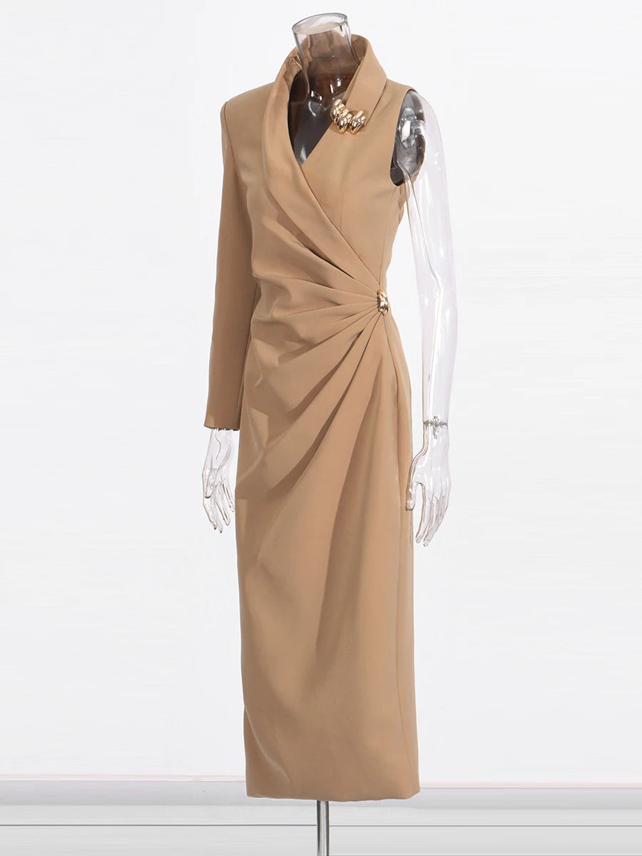 Solid Slimming Spliced Folds Irregular Dresses for Women V Neck Long Sleeves Temperament Dress Female Fashion New