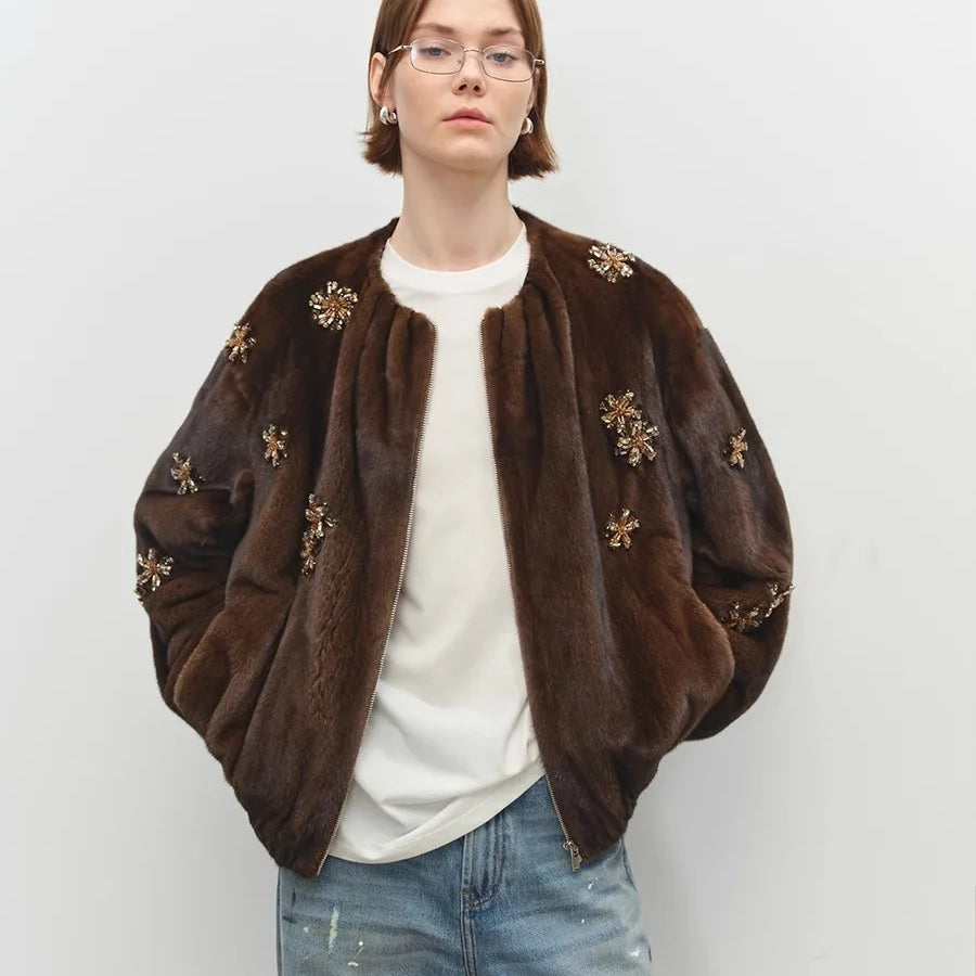 Lautaro Winter Luxury Elegant Thick Warm Soft Brown Short Faux Mink Fur Coat Women Beading Loose Stylish Chic Fluffy Jacket
