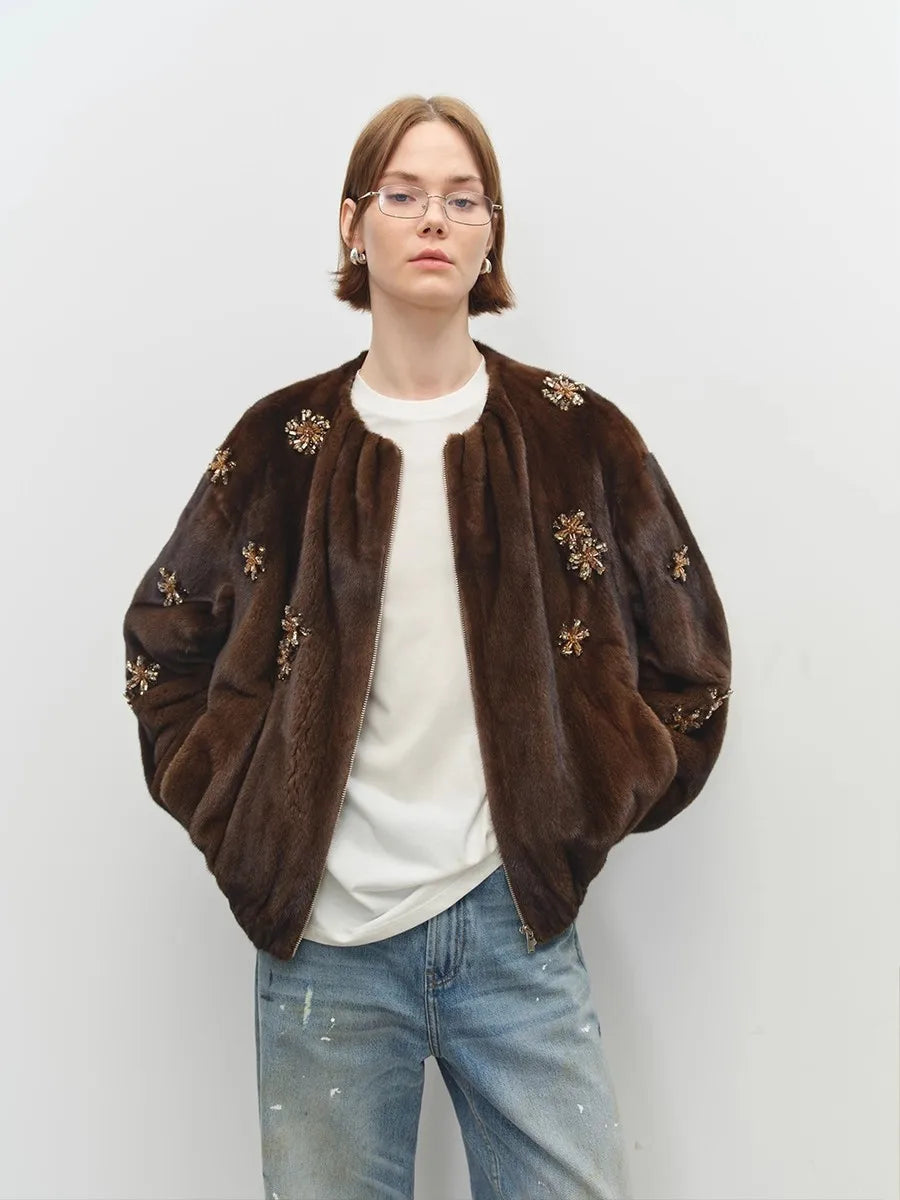 Lautaro Winter Luxury Elegant Thick Warm Soft Brown Short Faux Mink Fur Coat Women Beading Loose Stylish Chic Fluffy Jacket