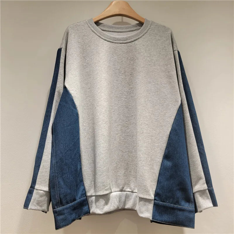 Autumn Winter New Fashion Denim Patchwork Round Neck Long Sleeve T-Shirt For Women Loose Casual Sweatshirt 11A07719 Gray One Size