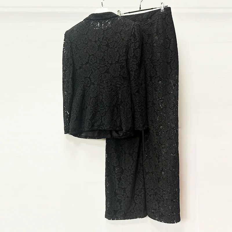 Solid Sheer Spliced Lace Two Piece Sets for Women Lapel Long Sleeves Patchwork Button Top Pant Elegant Set Female