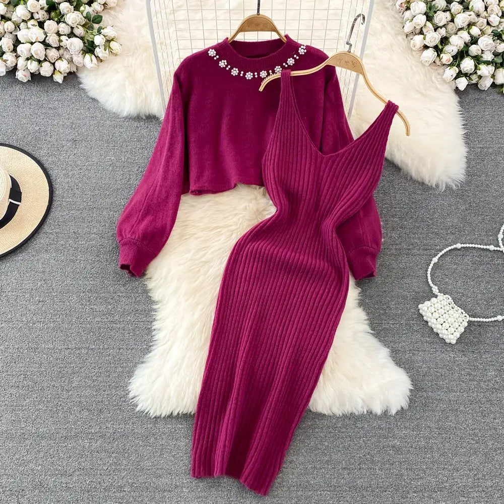 Sweater Set Casual Pullovers Suits Slip Dress For Women Slim Solid Autumn Winter Knitted Long Sleeve Elegance Elastic Sweet Red