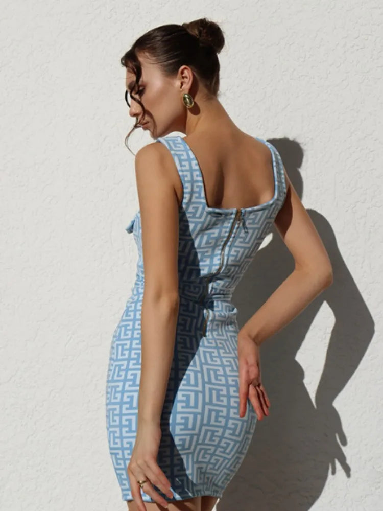 Women Summer Sexy Skyblue Jacquard Mini Bodycon Bandage Dress Elegant Evening Party Dress