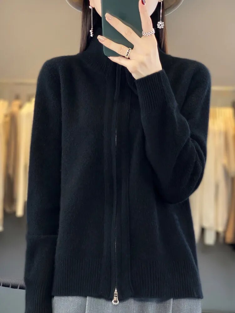 Women's Wool Knitting Sweater Clothing Autumn/Winter Casual Loose Top Fashion Korean Cashmere Large Zipper Jacket Black