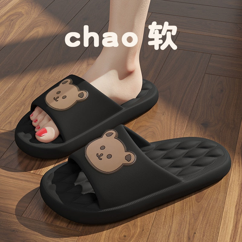 Solid Bear Slippers Cartoon Graffiti Shoes Women Summer Flip-Flops Beach Sandals Thick Platform Soft Cozy Casual Home Slippers black1