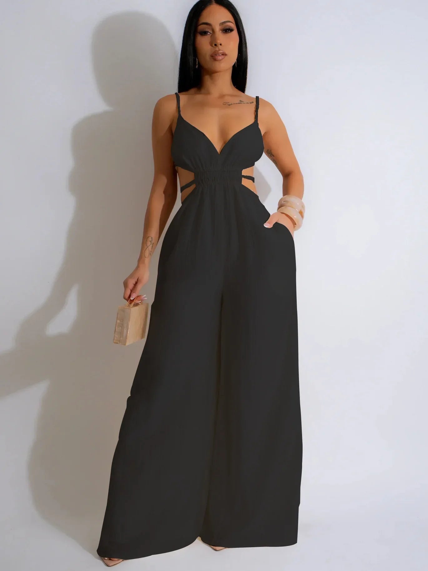 Women Sleeveless Strap V-neck Backless Wide Leg Long Jumpsuits 2025 Summer Beach Night Club Street Sexy Outfit Rompers Black