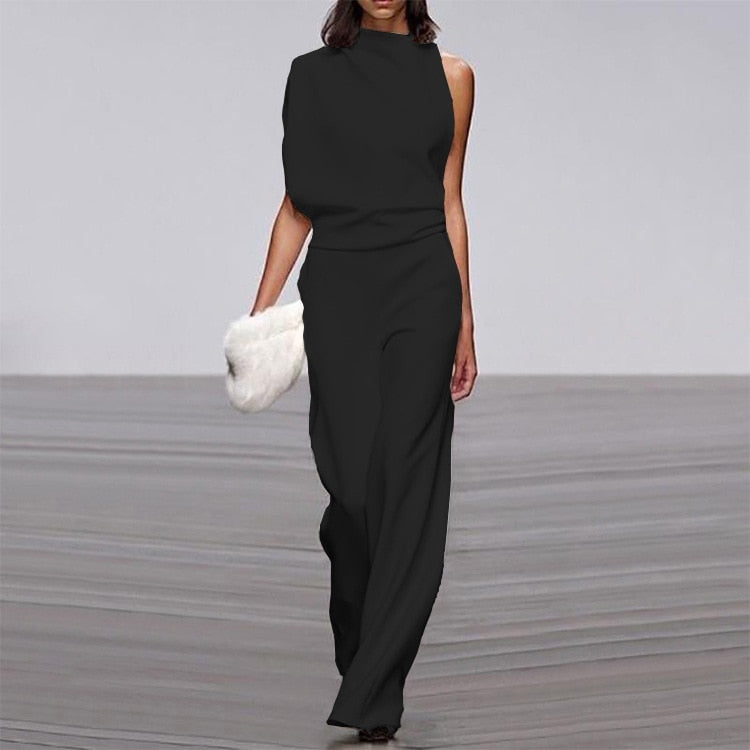 Solid Color One Shoulder Women's Pants 2024 Summer New Sleeveless Stacked Neck Jumpsuits Women Bodysuit Clothes Streetwear 3
