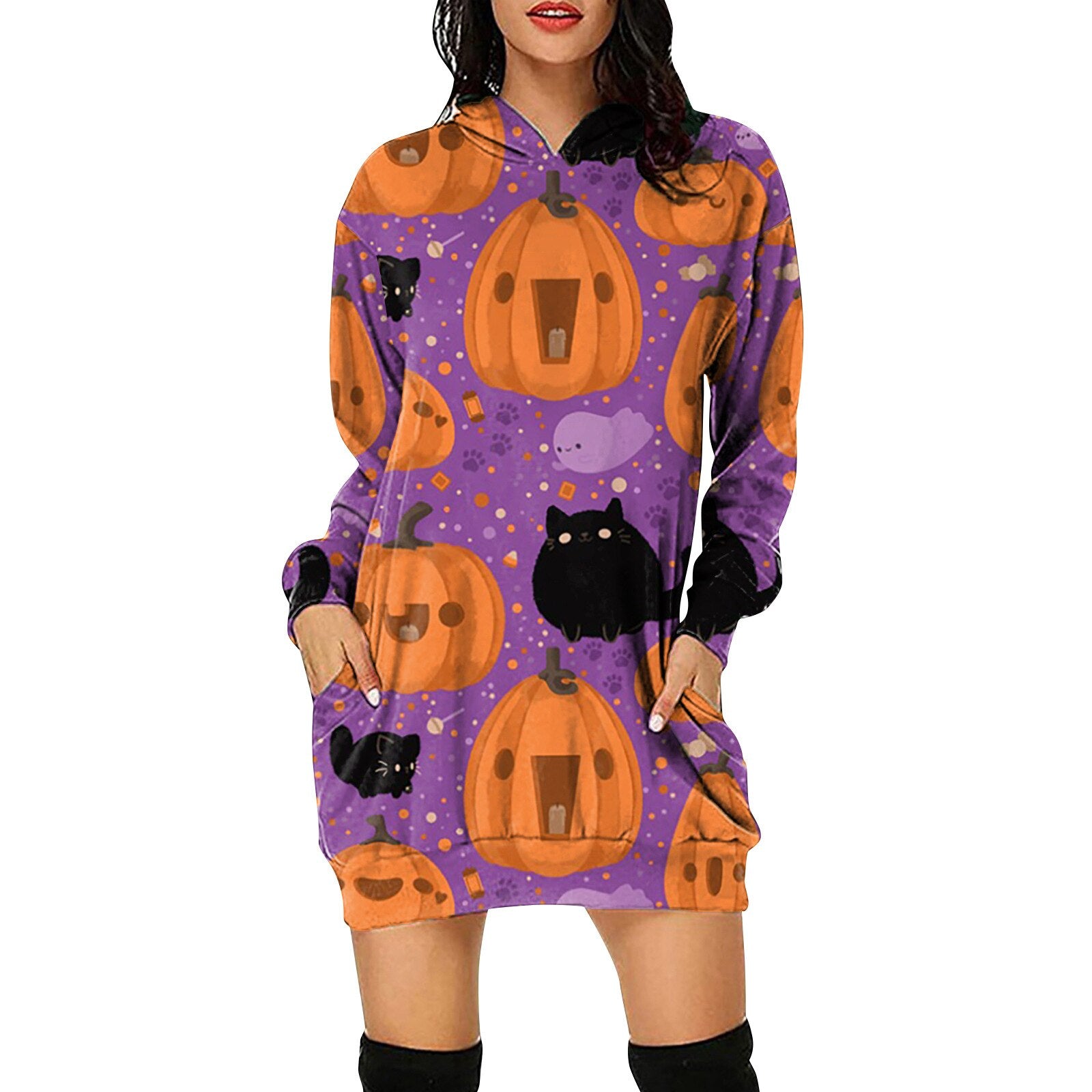 Women's Halloween Pumpkin Printed Sweater Hooded Long Sleeve Dress Sweatshirt Female Women Autumn Spring Casual Hoodies Clothes P02