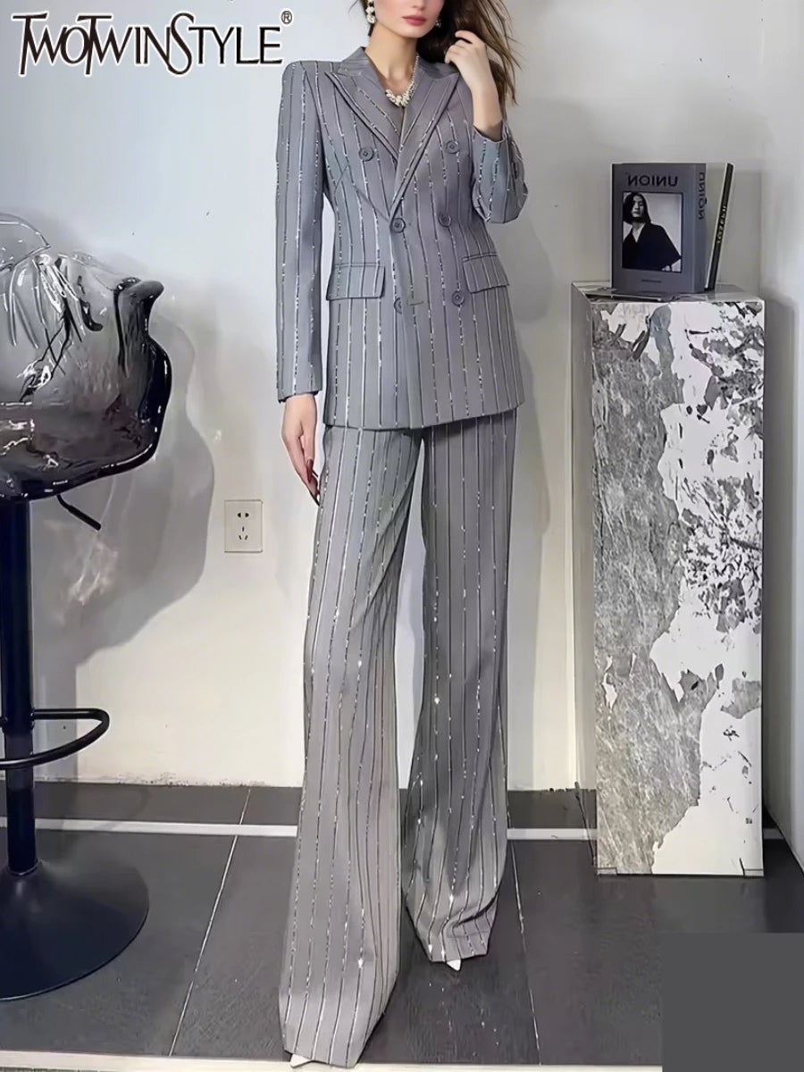 Solid Two Piece Set for Women Notched Neck Long Sleeves Patchwork Stripe Blazers High Waist Pant Sets Female New