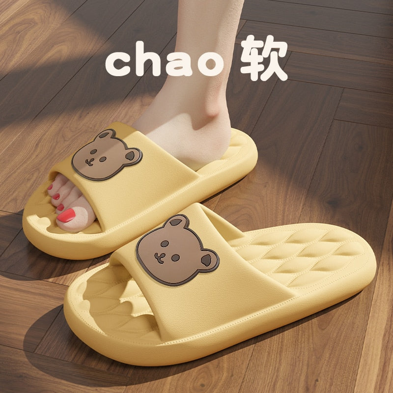 Solid Bear Slippers Cartoon Graffiti Shoes Women Summer Flip-Flops Beach Sandals Thick Platform Soft Cozy Casual Home Slippers Yellow1