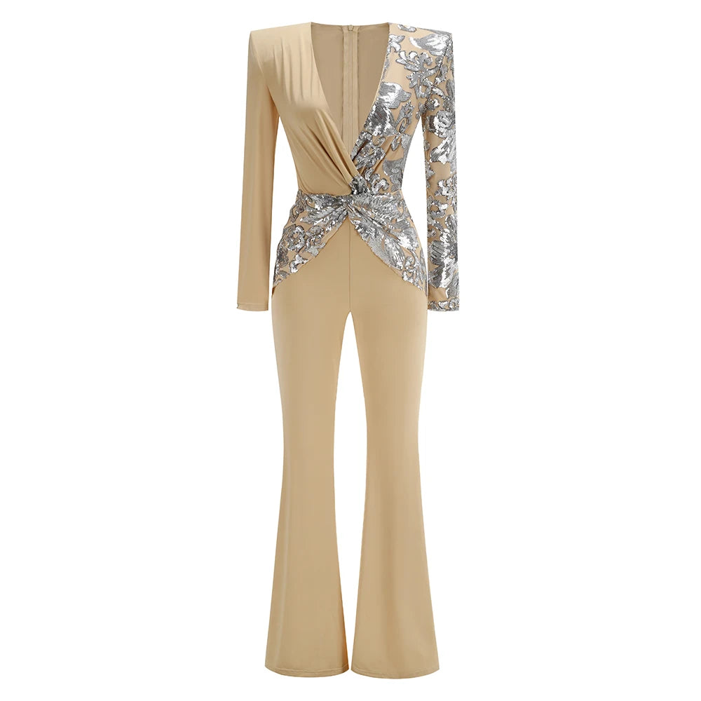 New Style Runway Fashion Khaki Color Women Long Sleeve Sexy V-Neck Sequins Bodycon Long Jumpsuit Celebrate Nightclub Party Wear