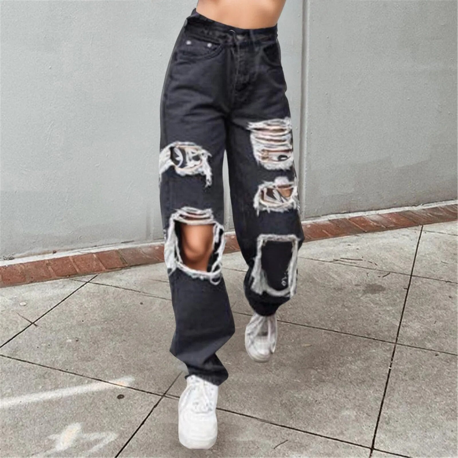 Sexy Ripped Jeans Women Fashion Blue Hole Straight Leg Trousers Y2K Hollow Cargo Pants Distressed Vintage Female Denim Trousers Black