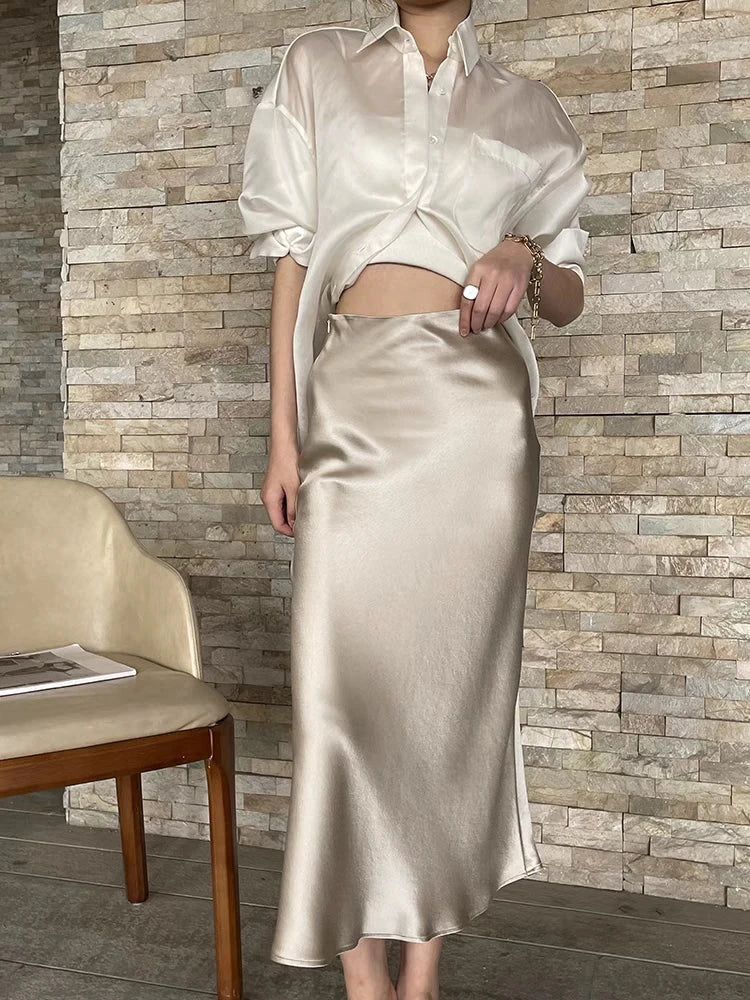 Silk Satin Skirts for Women Korean Style Champagne Office High Waist A-line Skirt Fashion Elegant Solid Long Pencil Skirt 2024 gray
