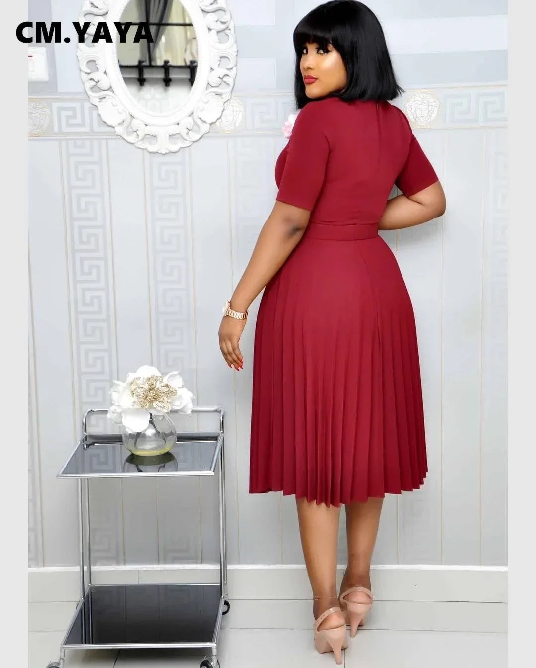Summer Midi Pleated Dress Short Sleeve Office Lady Africa Sashes Women High Waist Elegant Dresses Vestidos