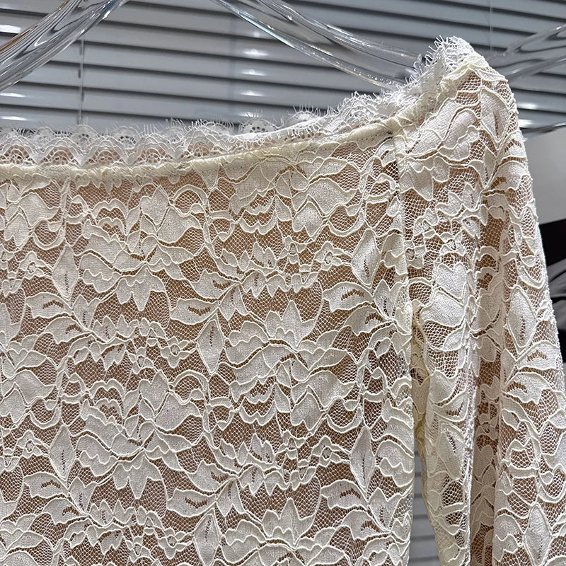 Winter New Fashion Off-Shoulder Lace Base Jumpsuit Top For Women Slim Fit Versatile Solid Color Shirts Female 11A07951