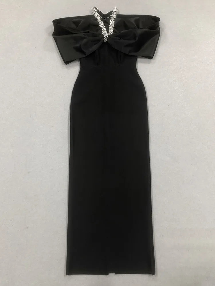 Women Sexy Off Shoulder Ruched Black Maxi Long Diamonds Celebrity Bodycon Bandage Dress 2025 Elegant Evening Club Party Dress