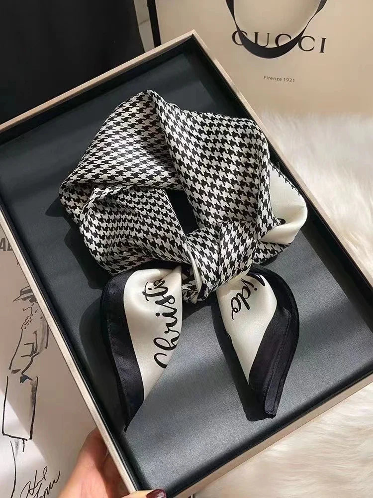 BYSIFA| New Grey Blue Silk Scarf Fashion Floral Design 70cm Square Scarves Fall Winter Neck Scarf Hijab Sweet Headband 65*65cm black white plaid