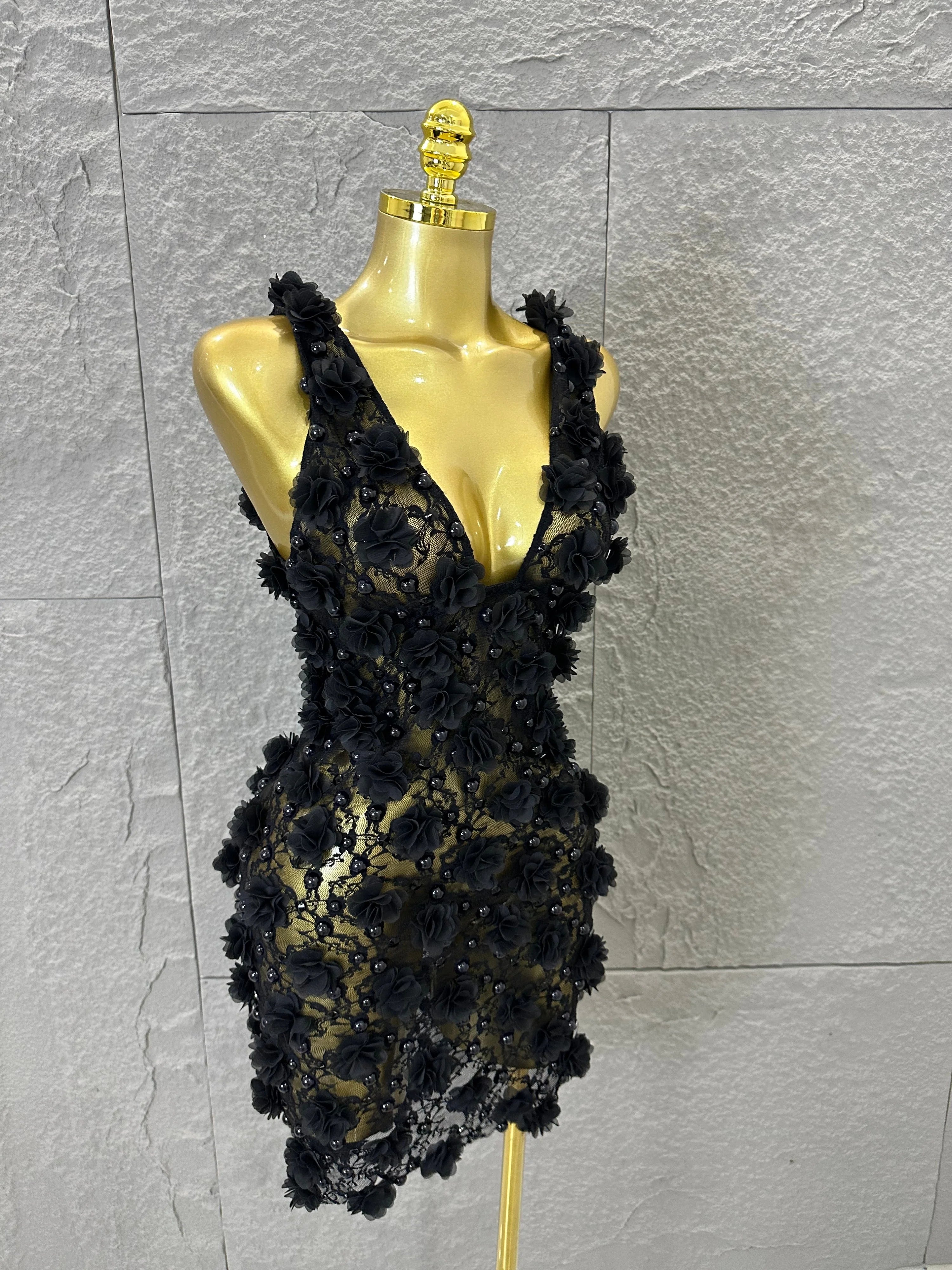 Luxury Black Sheer Mesh Floral Appliqué Mini Dress Deep V Neck Fitted Bodycon Formal Dinner Cocktail Event Party Dress
