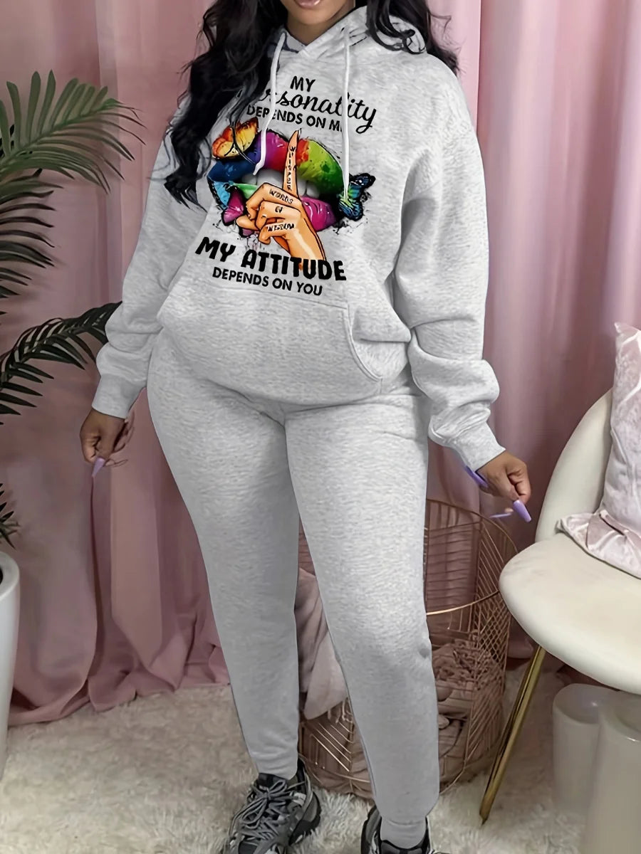 LW Plus Size Buttefly Lip Letter Print Tracksuit Set Hooded Collar Pocket Design Graphic Long Sleeve Winter Outfits for Women GRAY