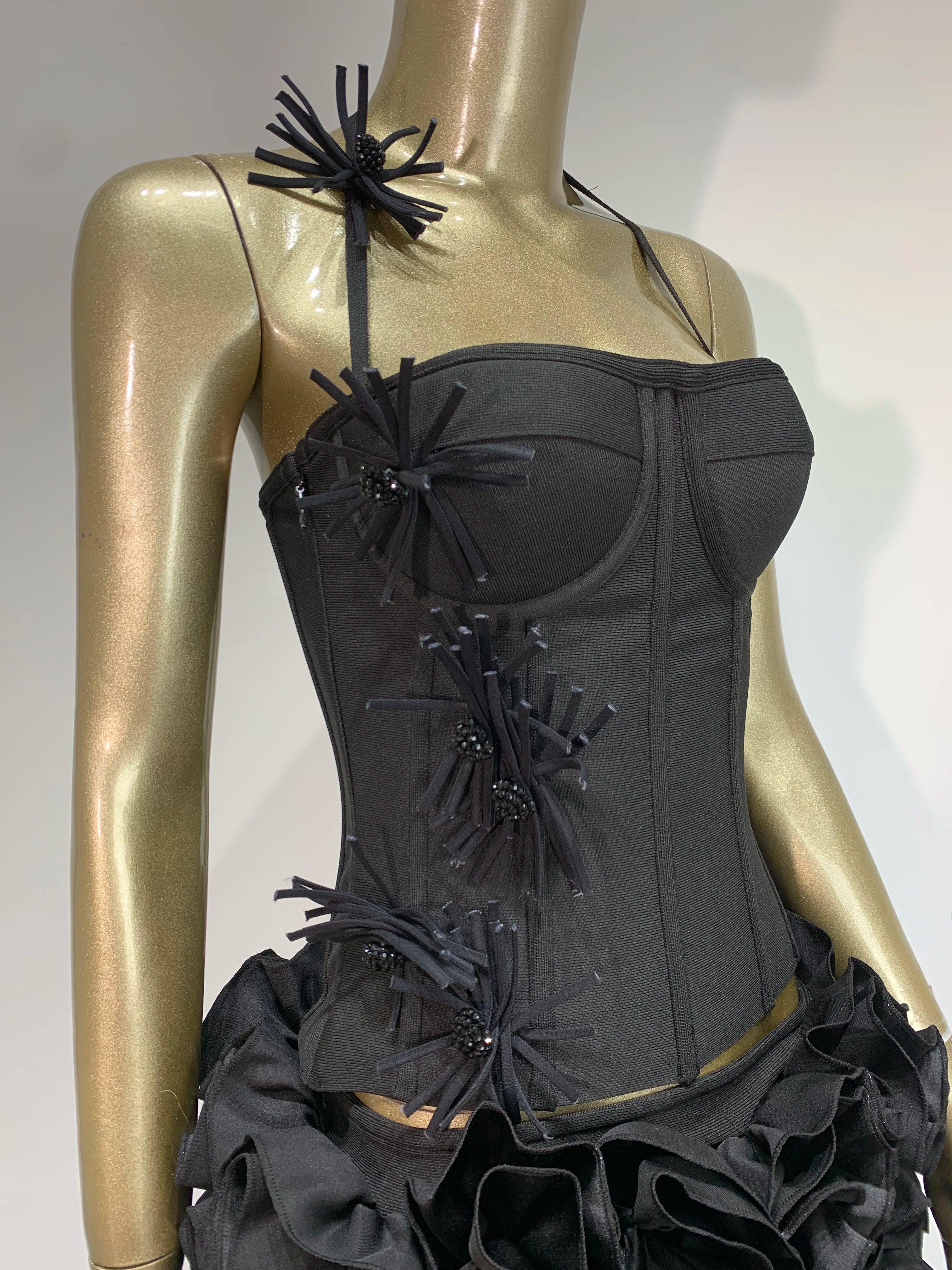 Women Sexy Halter Backless Lacing Flower Black Mini Two Pieces Skirt Bandage Set 2025 Celebrity Designer Fashion Women's Set