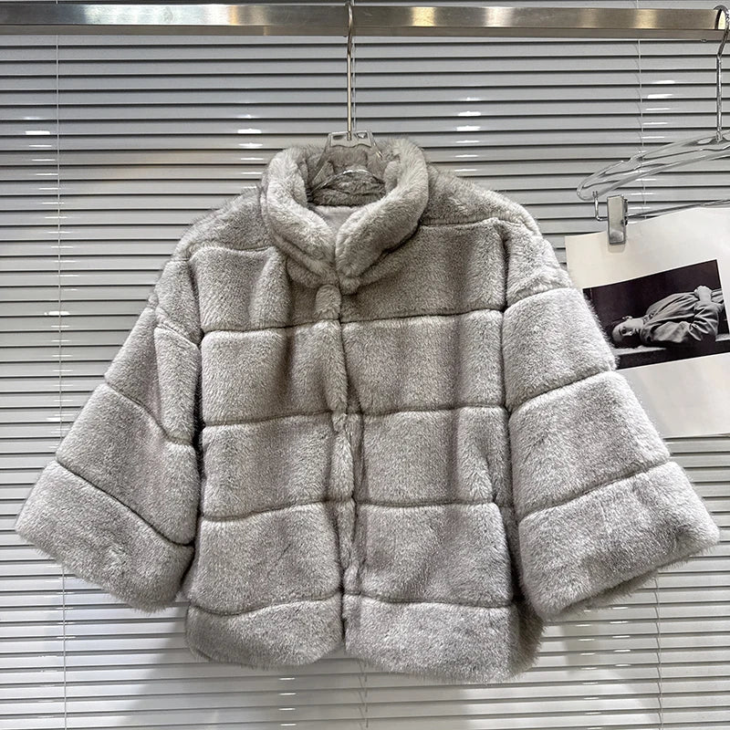 Winter New Fashion Versatile Stand Collar Faux Fur Shawl Coat For Women High Quality Solid Color Top Female 11A07758 Gray One Size