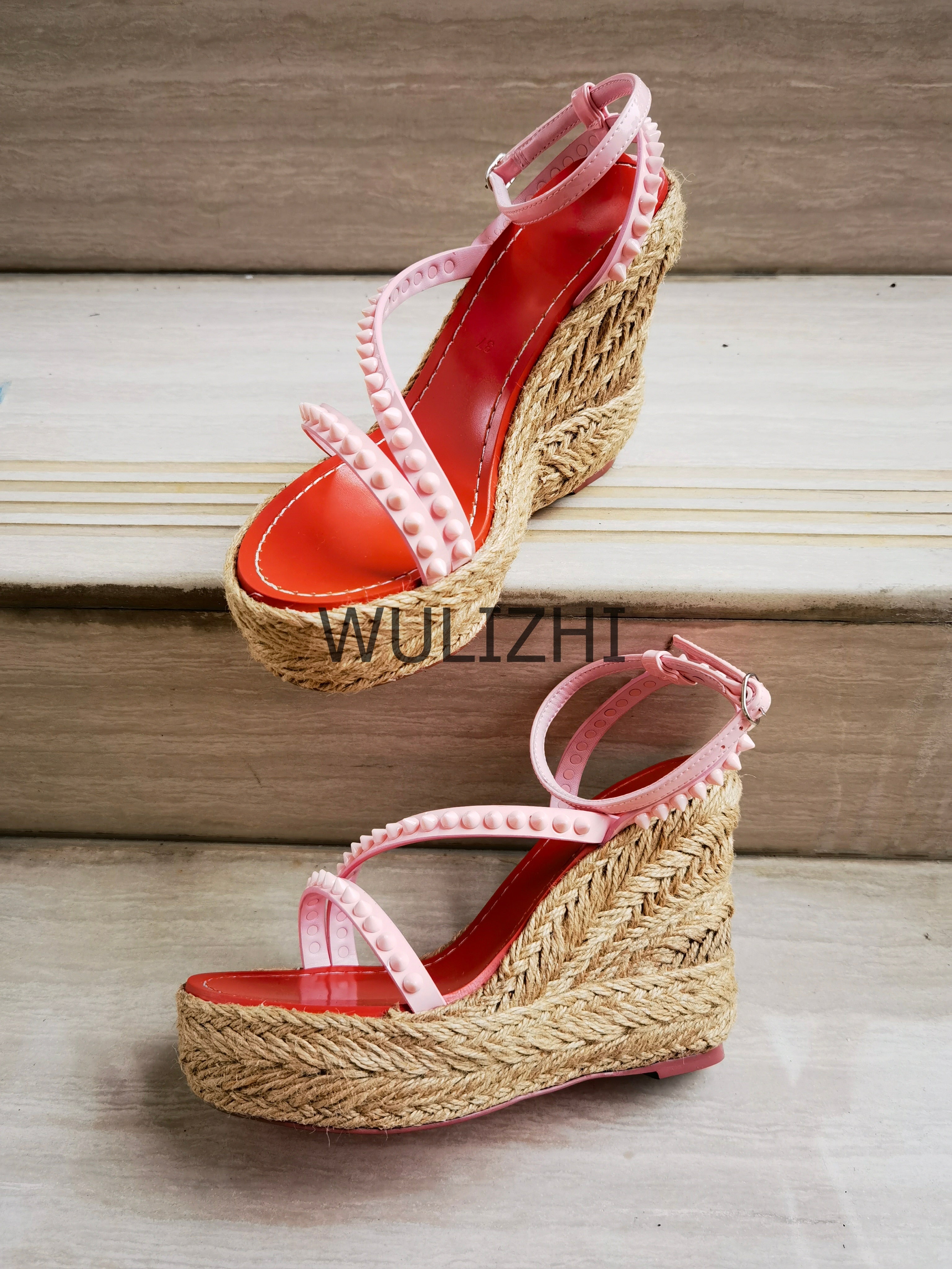 Women's Candy Color Rivet Design Wedge Sandals Summer Casual Open Slingback Platform Pink Yellow Sandals Cross Wrap Buckle Shoes