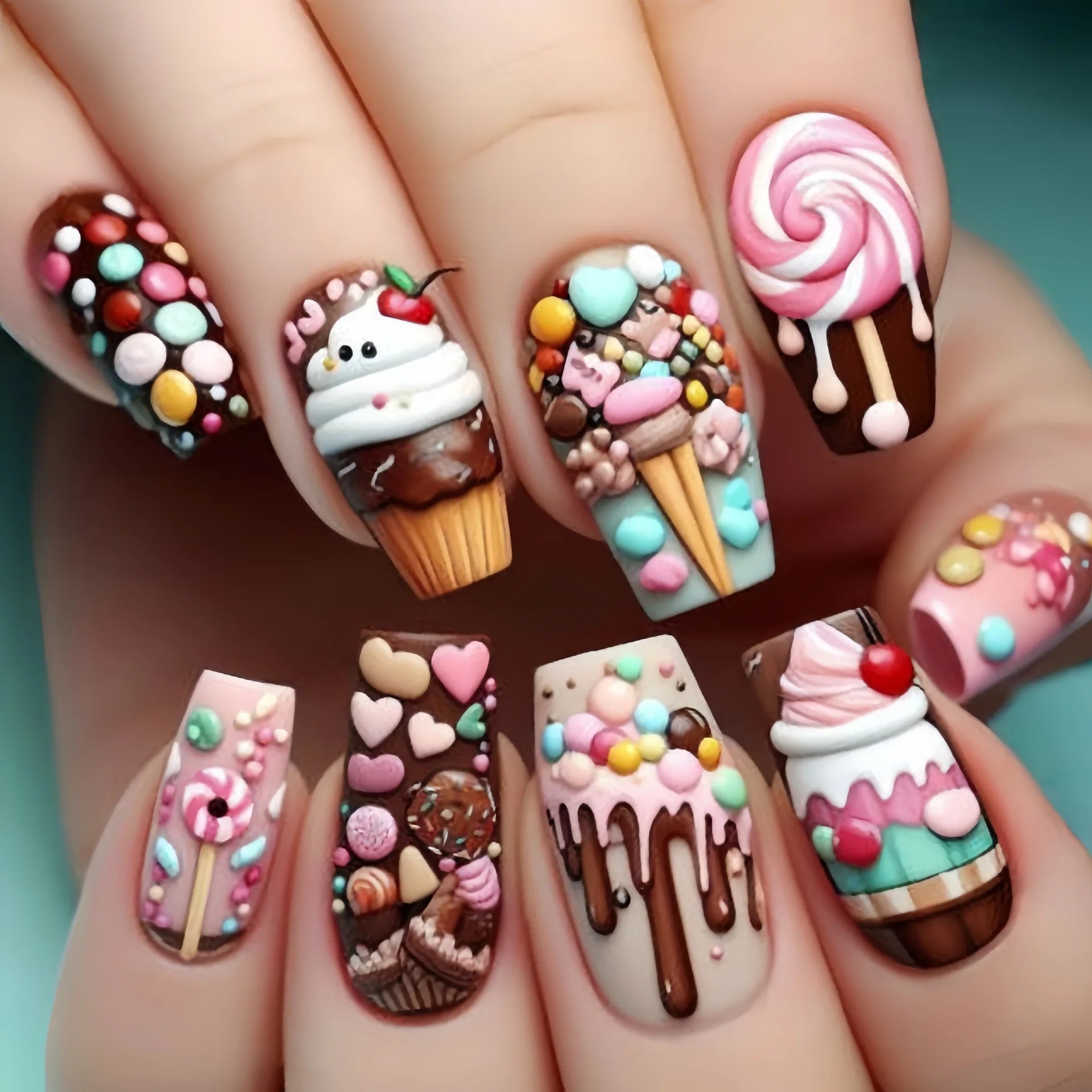 24Pcs Pink Sweet Press on Nails Square Head Colorful Cute Wearing Nail Art with Candy Dessert Design Removable Fishion Manicure 4