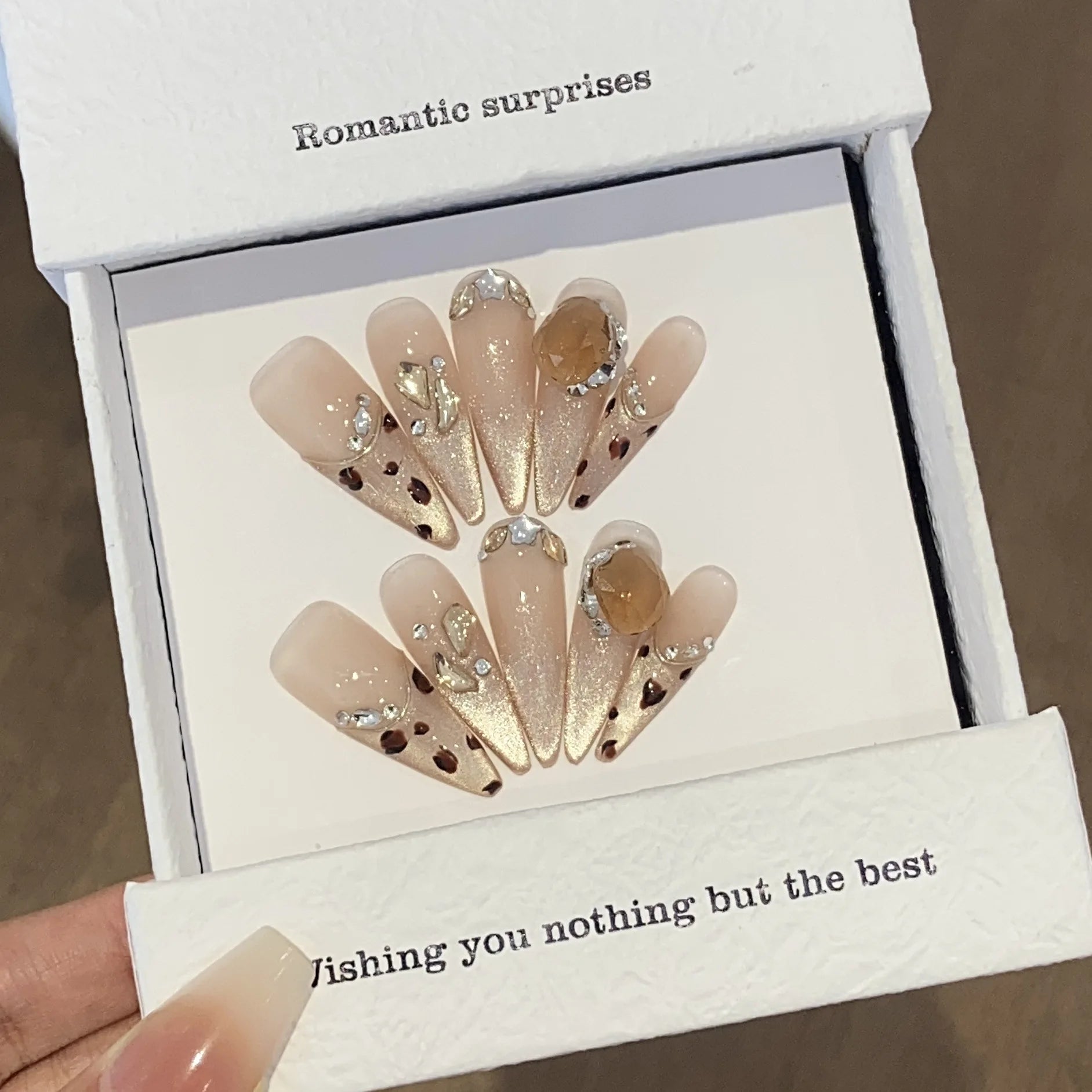 10Pcs Long Stiletto Cat Eye Handmade Gel Nails Press Ons Sweet Cool Leopard Print False Nail Shiny Diamond French Fake Nail Tips