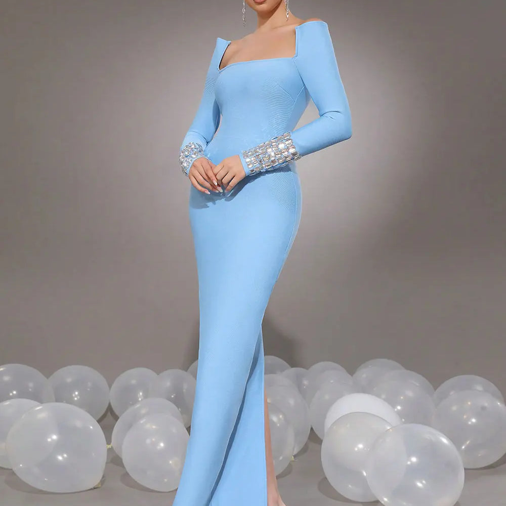 2025 New Women'S Elegant Bandage Dresses Square Neck Long Sleeved Nail Bead Design Bodycon Long Dress Evening Party Vestidos