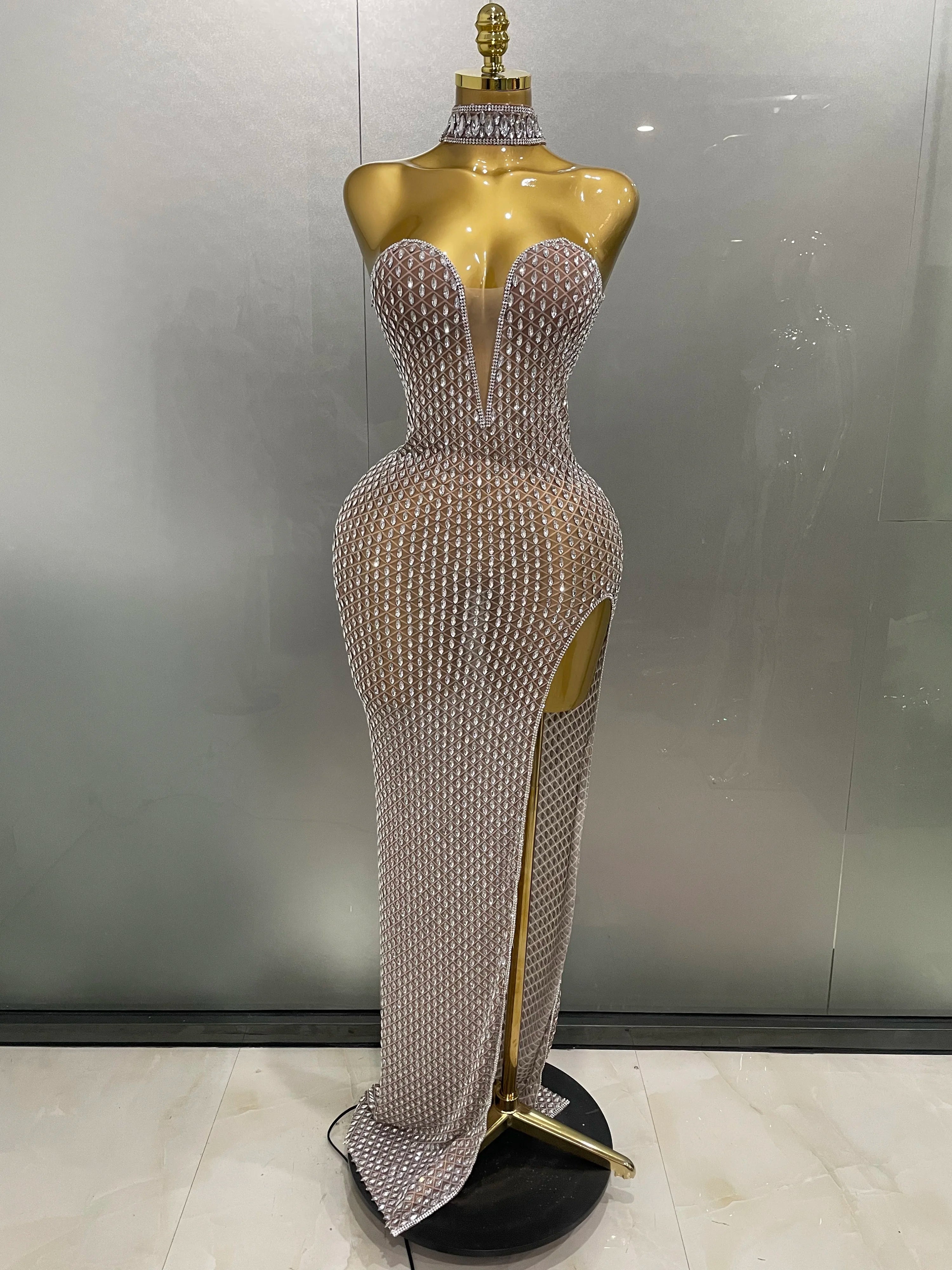 2025 Luxurious Full Rhinestones Mesh Transparent long dress Women Birthday Celebrate Evening Prom Dress party Club Stage Costume Khaki