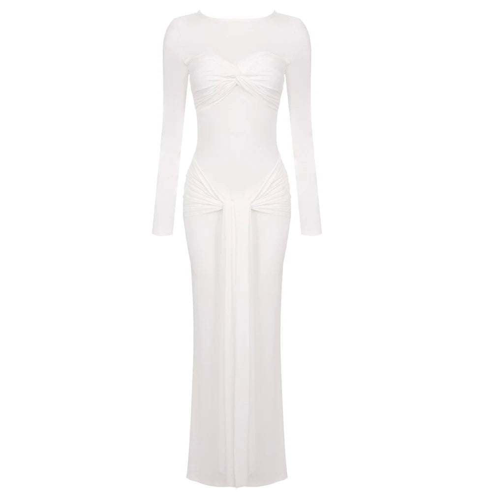 Solid Ruched Long Flare Sleeves Maxi Dress Elegant White Tie Waist High Neck Pleated Draped Backless Party Evening Dress WHITE