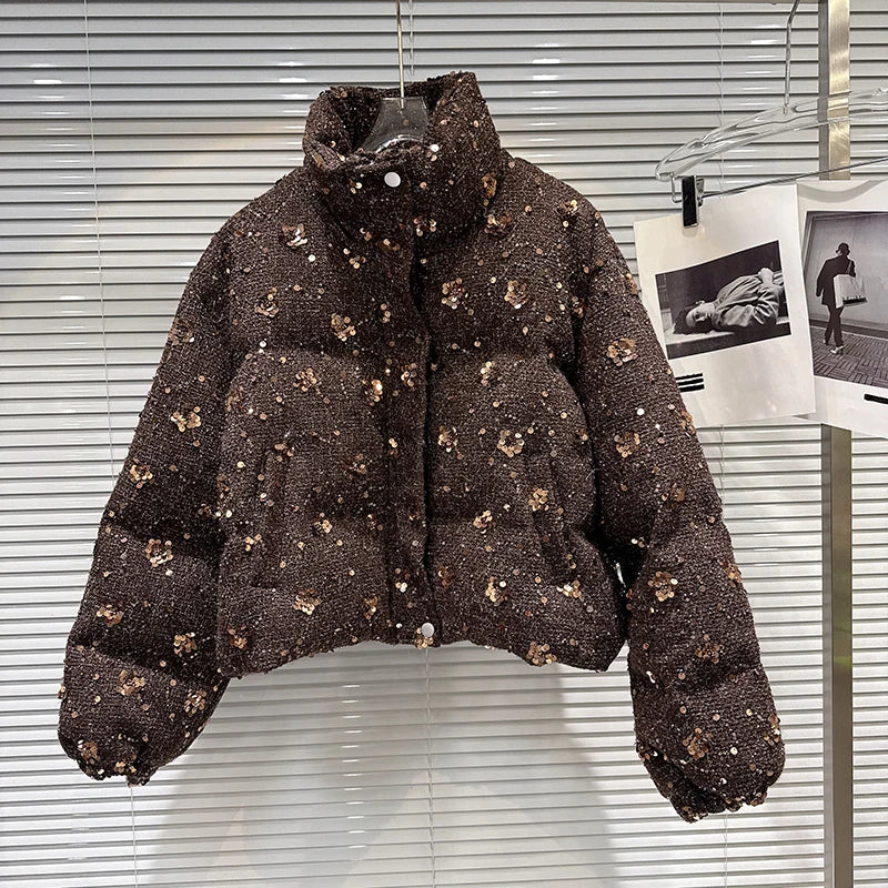 Winter New Fashion Style Sequin Flower Tweed Warm Jacket For Women Loose Cotton-padded Coat Female Trend 11A07496 Brown One Size