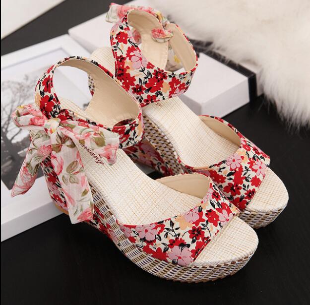 Women Sandals Dot Bowknot Design Platform Wedge Female Casual High Increas Shoes Ladies Fashion Ankle Strap Open Toe Sandals Pink1