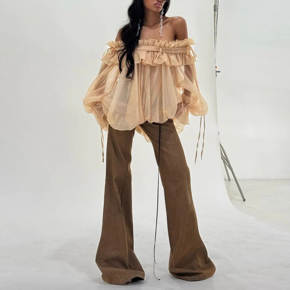 Solid Loose Spliced Folds Blouse for Women Slash Neck Long Sleeves Patchwork Lace Up Fashion Top Female Clothing