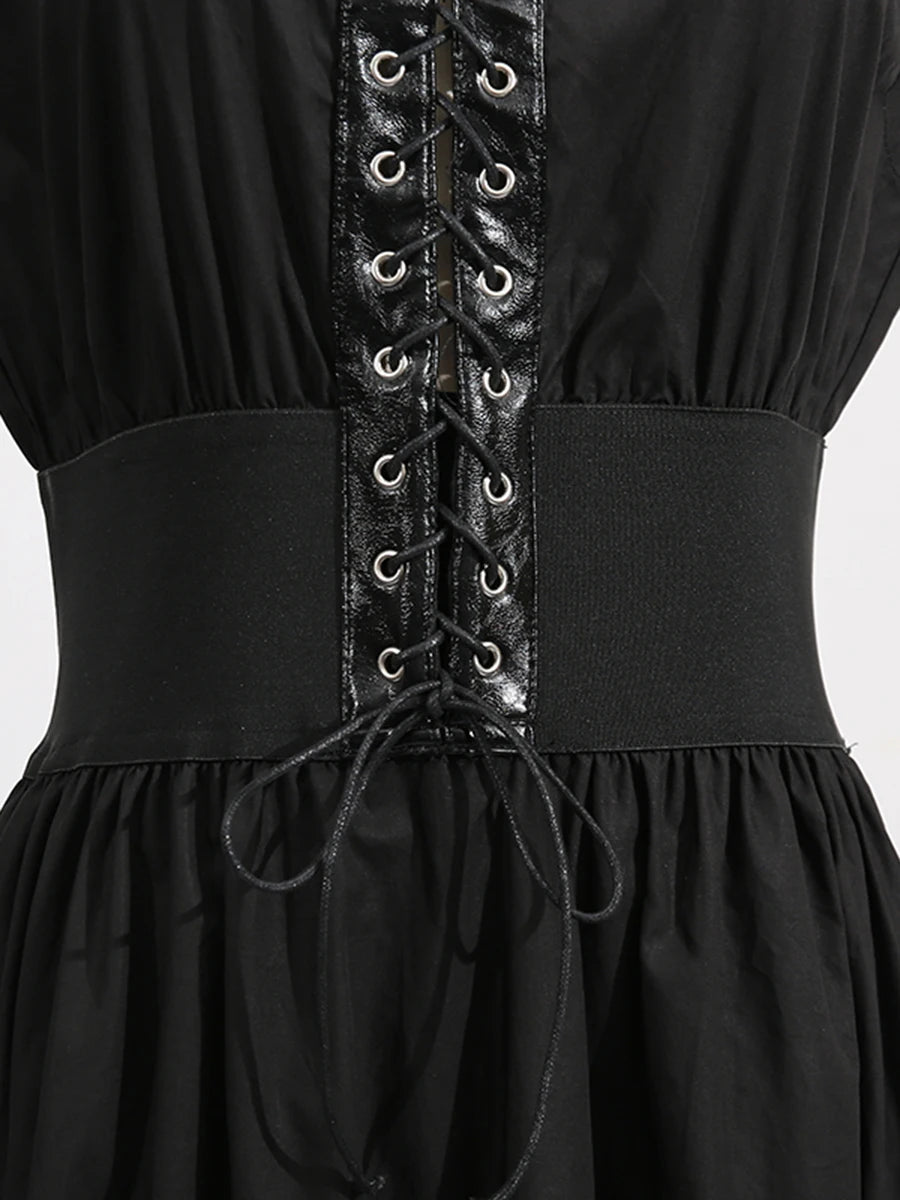 Solid Slimming Spliced Lace Up Elegant Dresses for Women Round Neck Sleeveless Patchwork Folds Dress Female Fashion