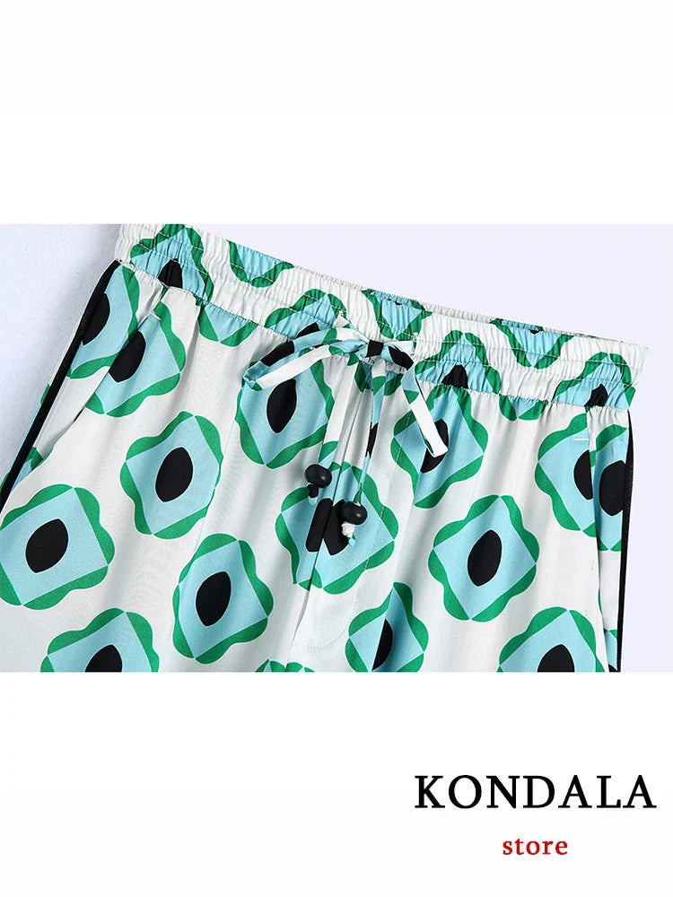 KONDALA Geometric Print Vintage Women Suits Autumn Fashion Oversized Long Shirts and High Waist Wide Leg Pants Women Set
