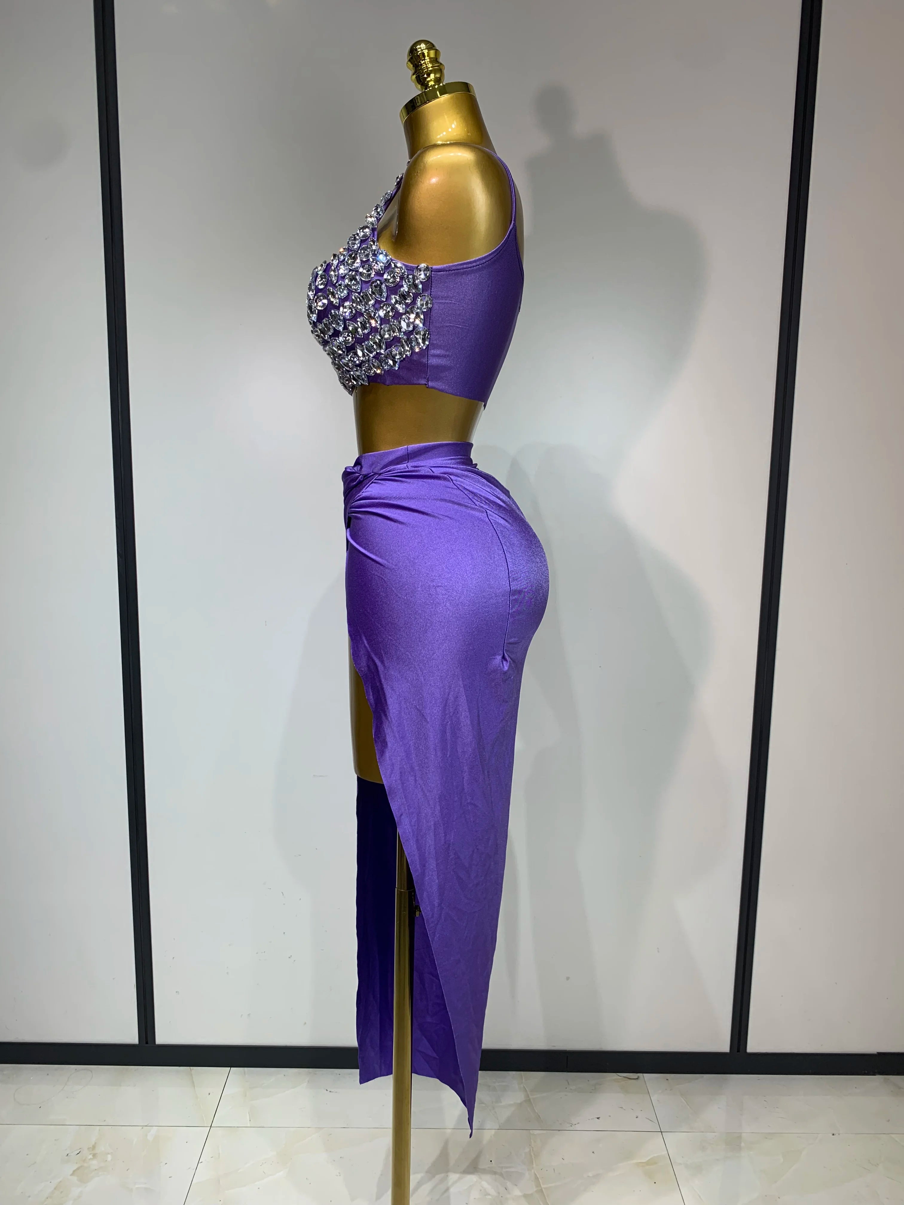 Women Sexy Two Pieces Set Stretched Crystal Diamonds Nightclub Singer Dancer Stage Performance Costume Evening Party Skirt Suits