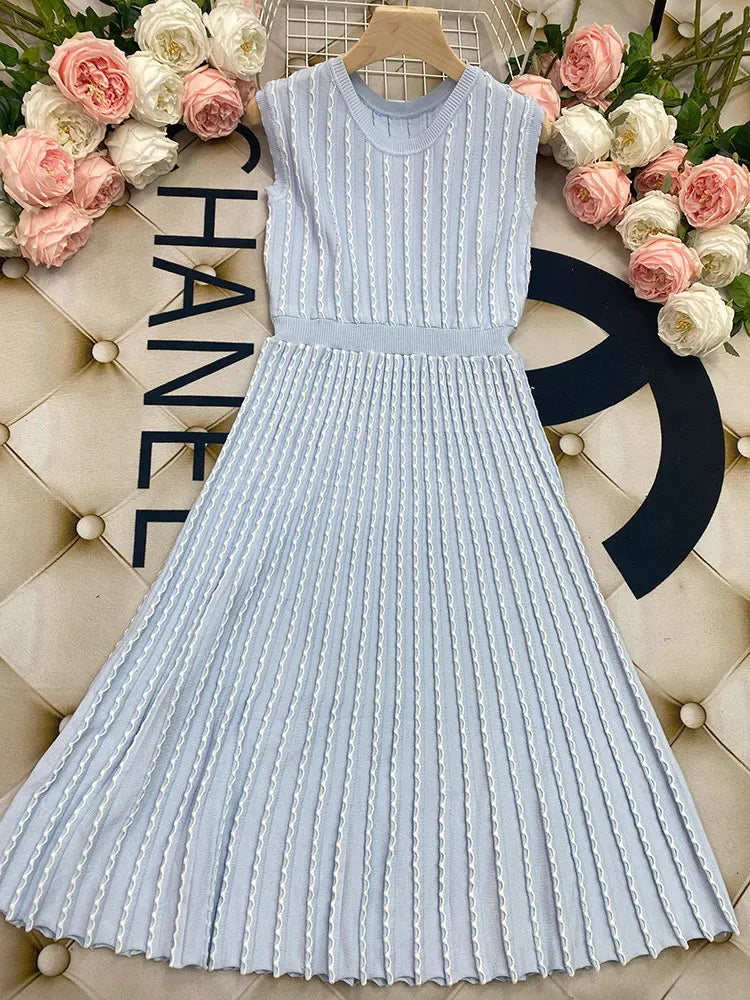 2024 New Listing Elegant Striped Knit Dress Women O-neck Sleeveless A-line Dresses Club Evening Party Midi Vestido SKY BLUE