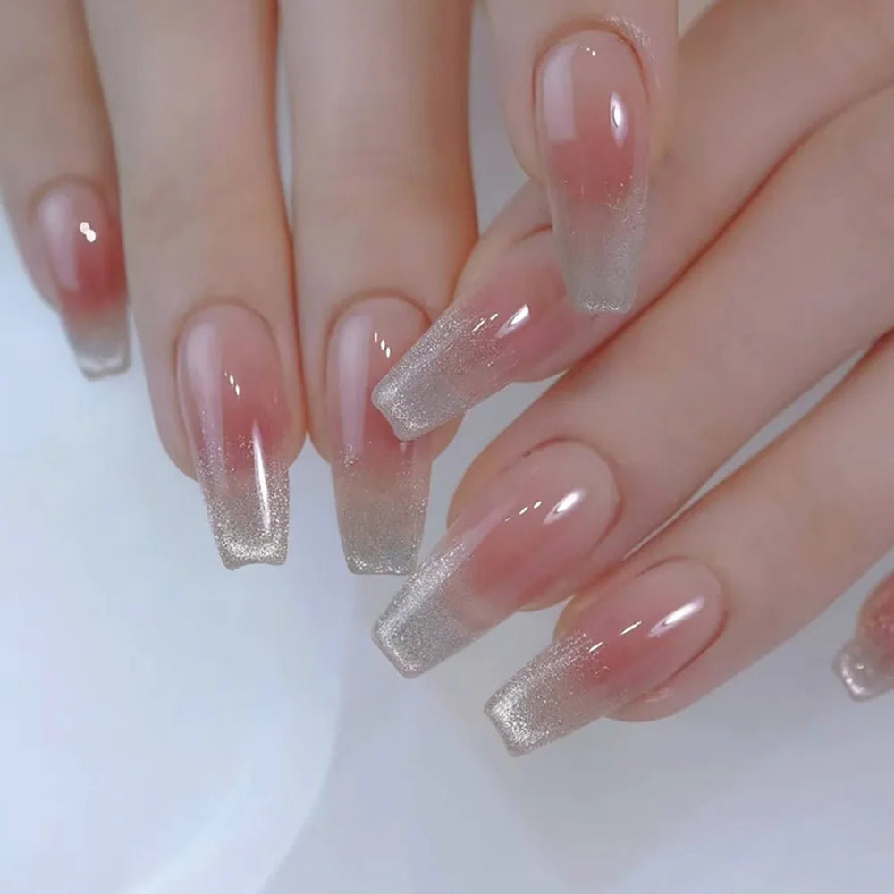 24pcs/set short sqaure almond fake nails geometric aurora gradient heart glitter designs faux ongles press on acrylic false nail 796
