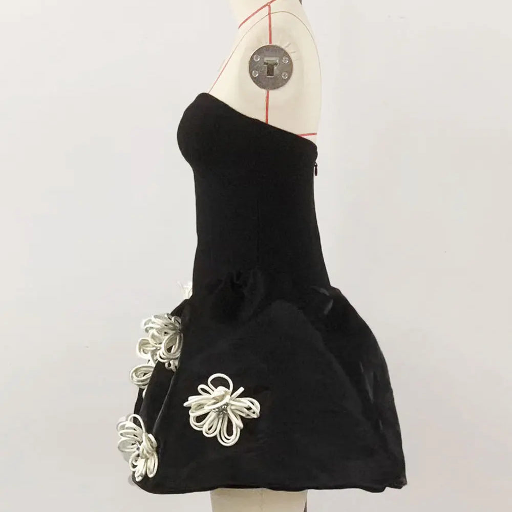 2024 Sexy Women's 3D Flower Decorative Puff Dress Strapless Sleeveless Backless A-line Mini Dress Cocktail Evening Party Vestido