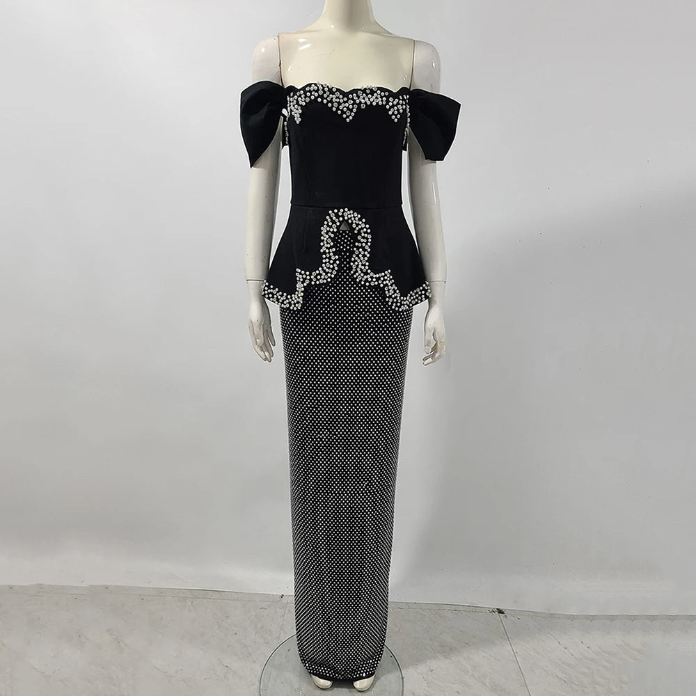 Women Sexy Off Shoulder Pearl Diamond Black Maxi Long Bandage Two Piece Set 2025 Elegant Evening Club Party Prom Gowns black