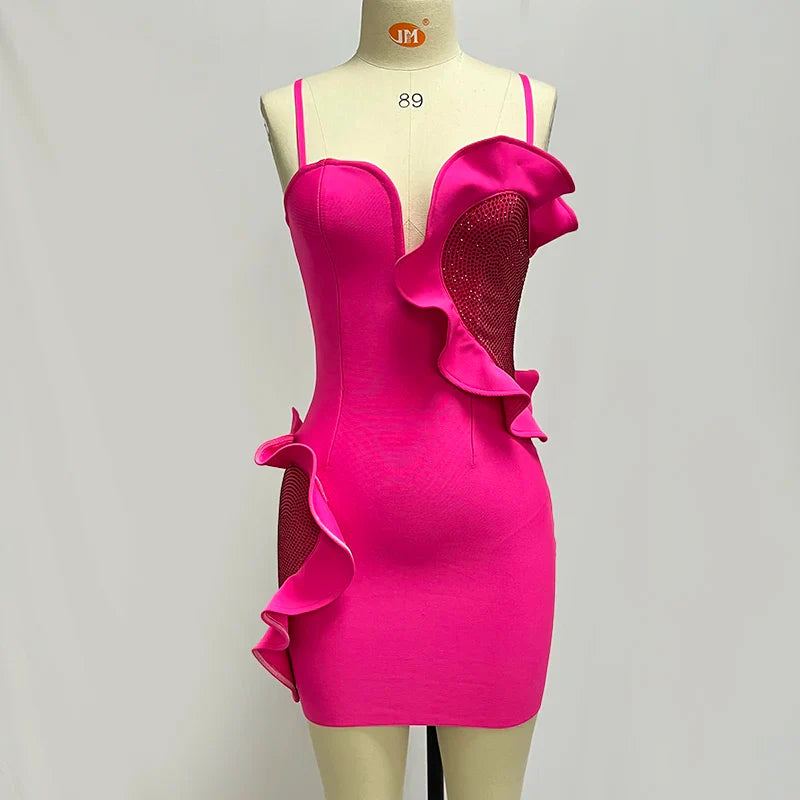 Factory Wholesale Women's Rose Red Spaghetti Strap Heart Rhinestones Sexy Boutique Celebrity Cocktail Party Bandage Dress Rose Red